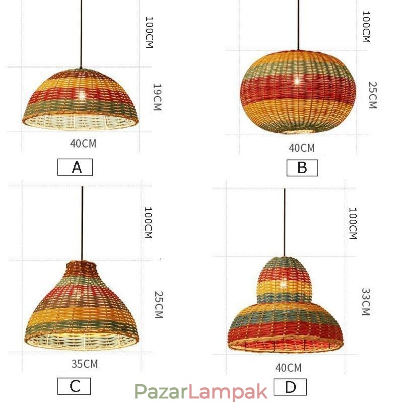 Bambusz és rattan függőlámpa színes csíkos intervallumban kézzel szövött lámpaernyős mennyezeti lámpa