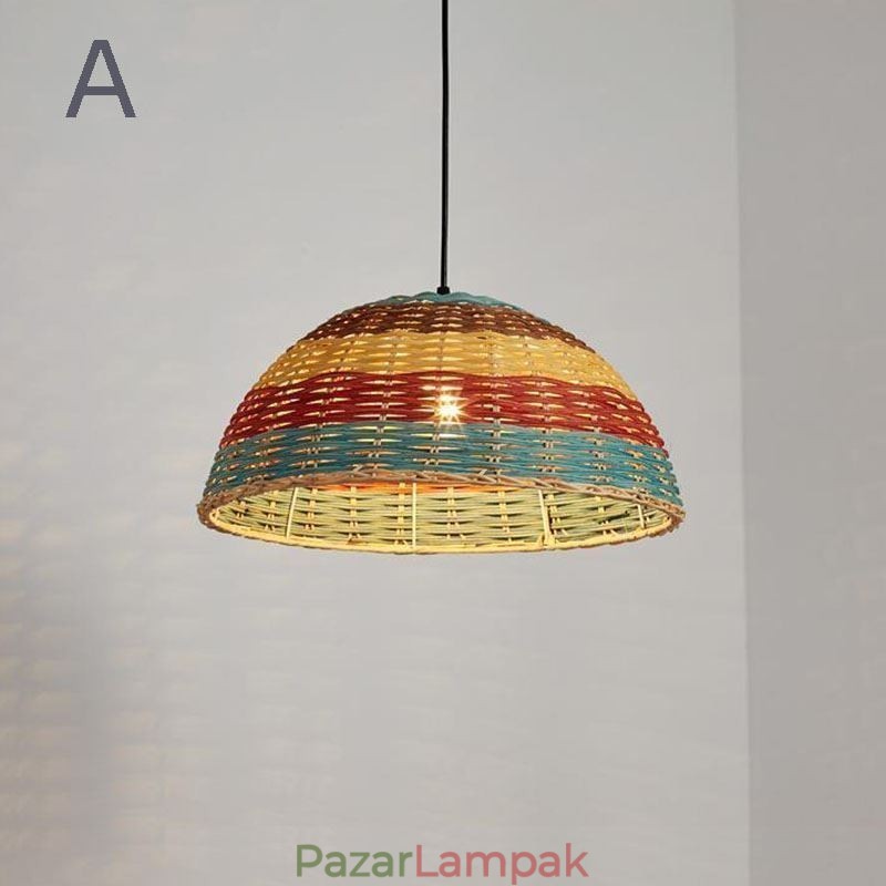 Bambusz és rattan függőlámpa színes csíkos intervallumban kézzel szövött lámpaernyős mennyezeti lámpa