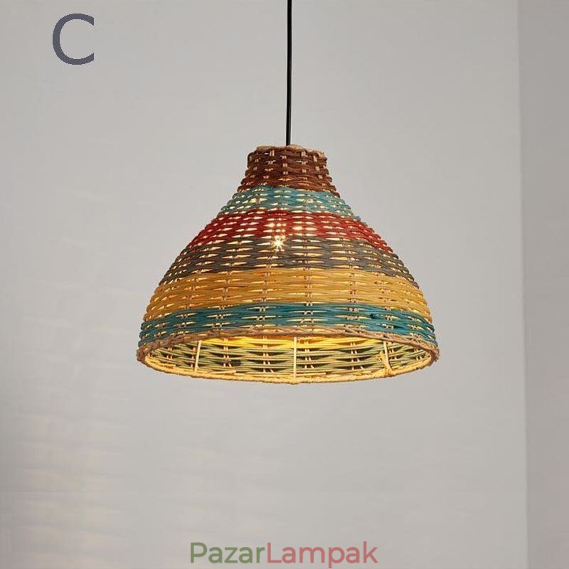 Bambusz és rattan függőlámpa színes csíkos intervallumban kézzel szövött lámpaernyős mennyezeti lámpa