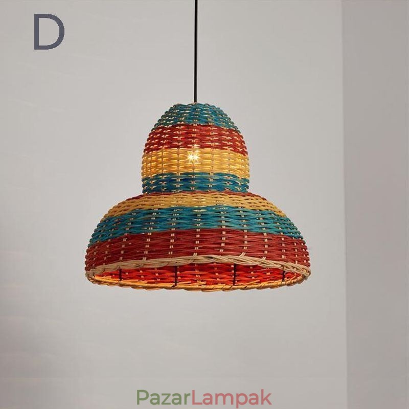 Bambusz és rattan függőlámpa színes csíkos intervallumban kézzel szövött lámpaernyős mennyezeti lámpa