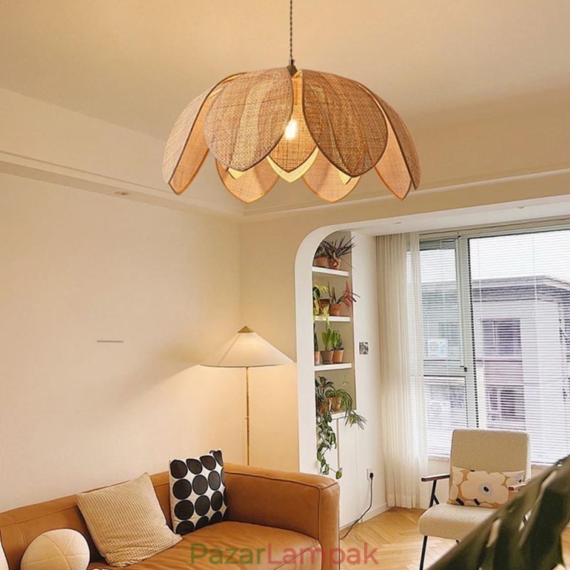 Rattan Lotus Pendant Light Cafe Retro Rattan Art mennyezeti lámpa