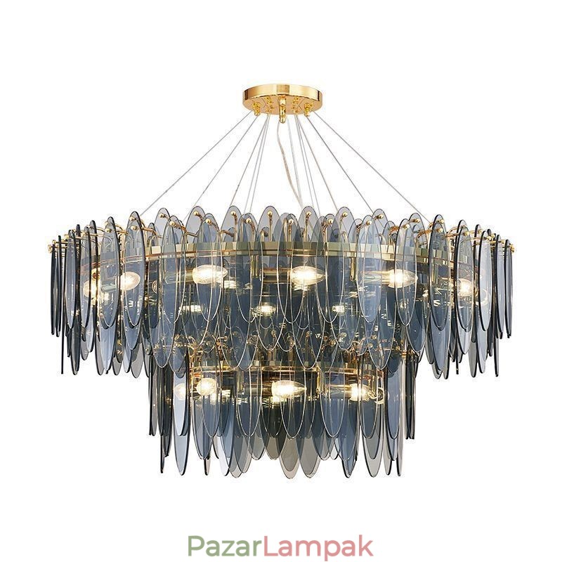 Modern, kerek üveg függesztékes fényű, elegáns üvegcsillár