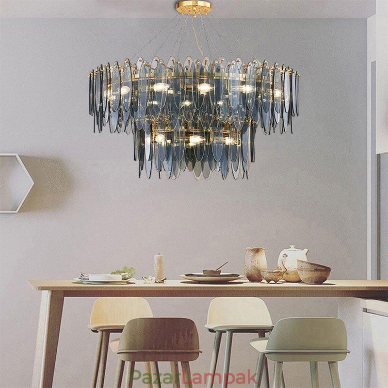 Modern, kerek üveg függesztékes fényű, elegáns üvegcsillár