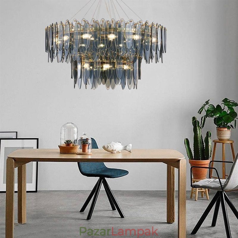 Modern, kerek üveg függesztékes fényű, elegáns üvegcsillár