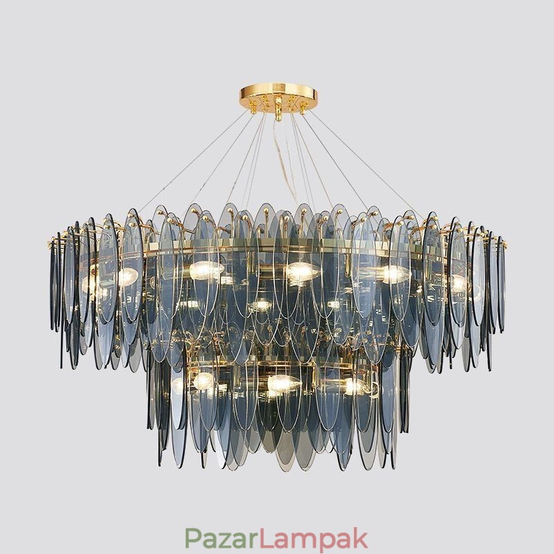 Modern, kerek üveg függesztékes fényű, elegáns üvegcsillár