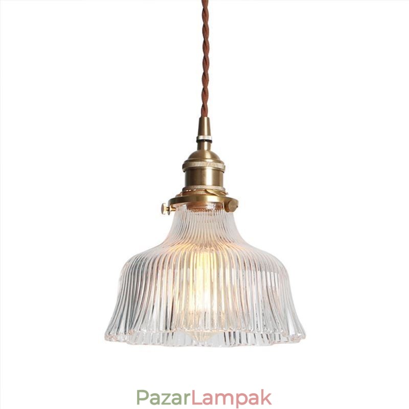 Kupola nagy átlátszó bordázott üveg függőlámpa sárgaréz tartó elfordító kapcsolóval