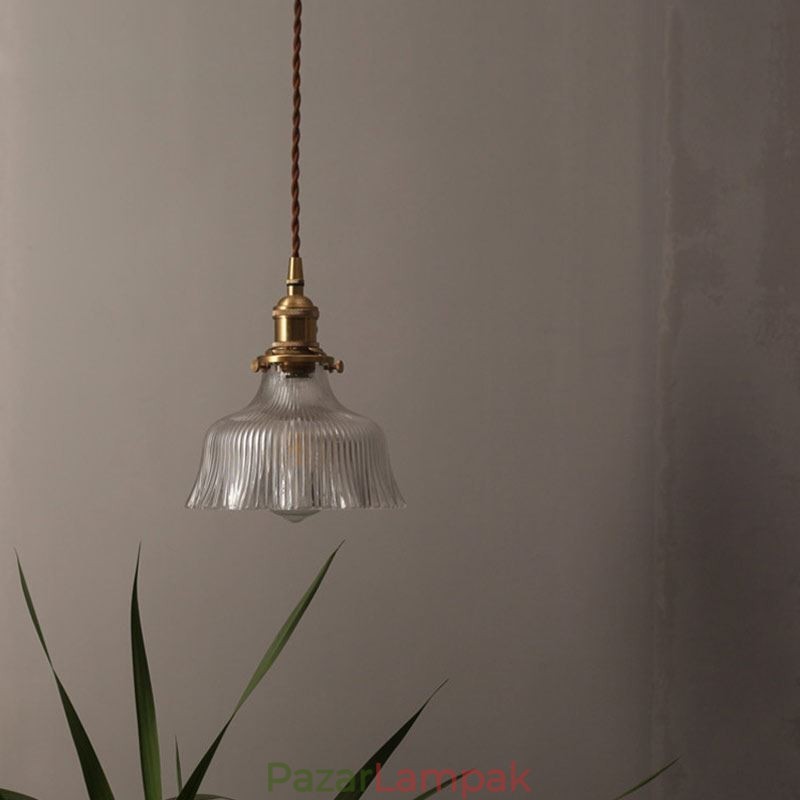 Kupola nagy átlátszó bordázott üveg függőlámpa sárgaréz tartó elfordító kapcsolóval