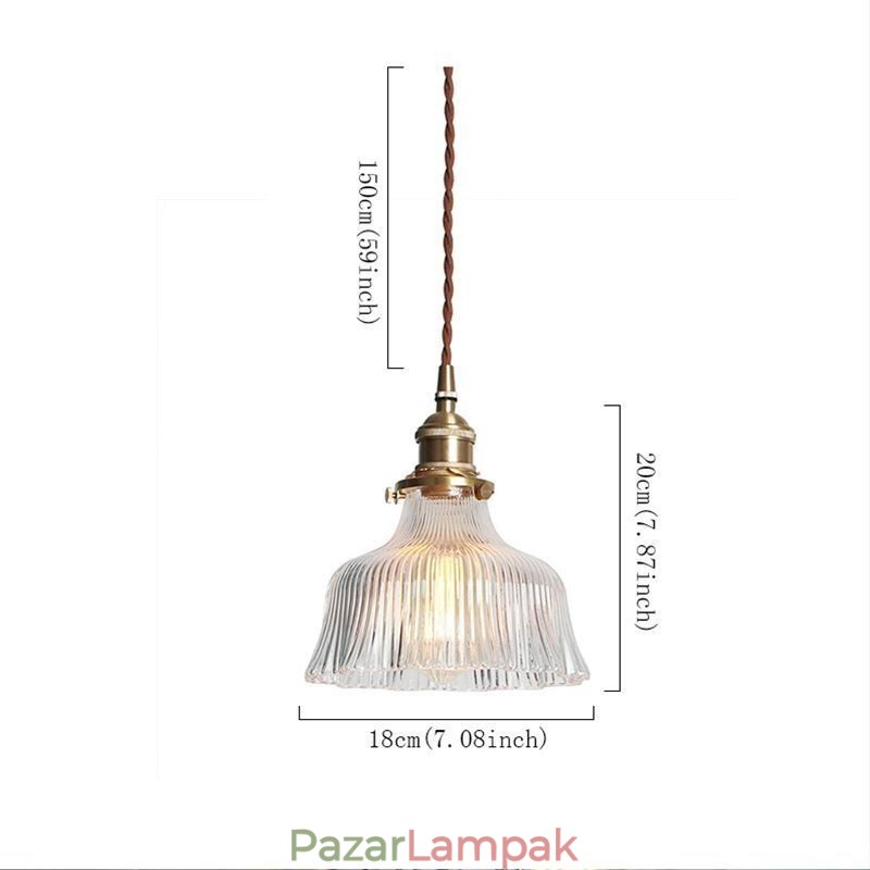 Kupola nagy átlátszó bordázott üveg függőlámpa sárgaréz tartó elfordító kapcsolóval