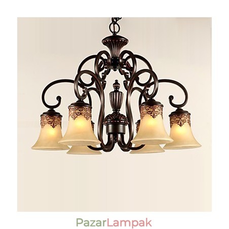 Csillár függőlámpa 6 fényű lámpaernyő lefelé Vintage Country fém+üveg Csillár függőlámpa 6 fényű lámpaernyő lefelé Vintage Country fém+üveg