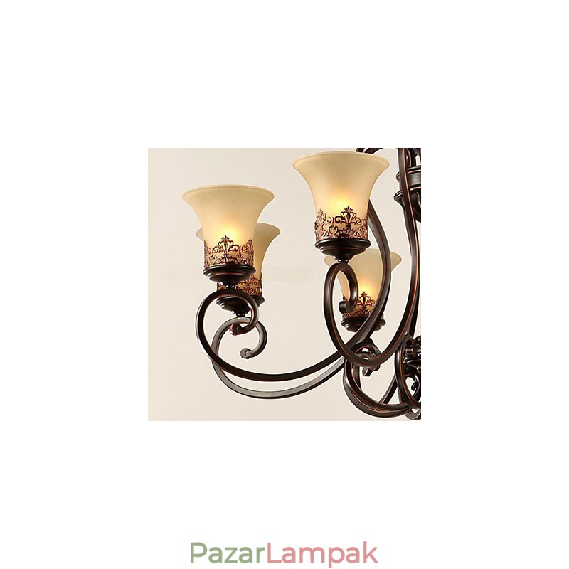 Csillár függőlámpa 6 fényű lámpaernyő lefelé Vintage Country fém+üveg