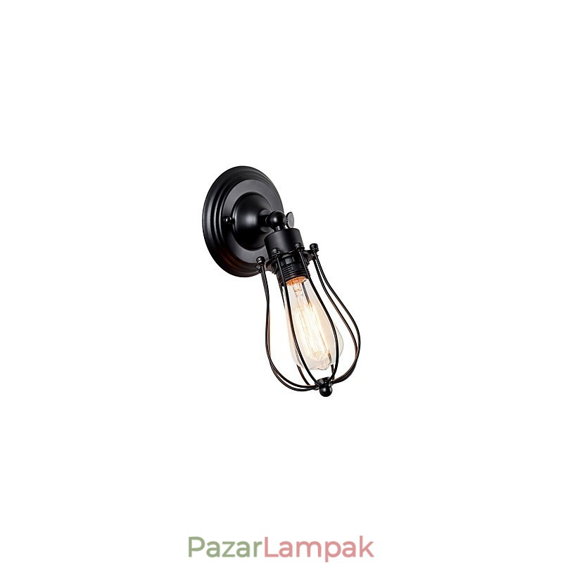 Vintage fali lámpa Ipari fali lámpa, fekete fémhuzal, ketrecbe zárt fali lámpa