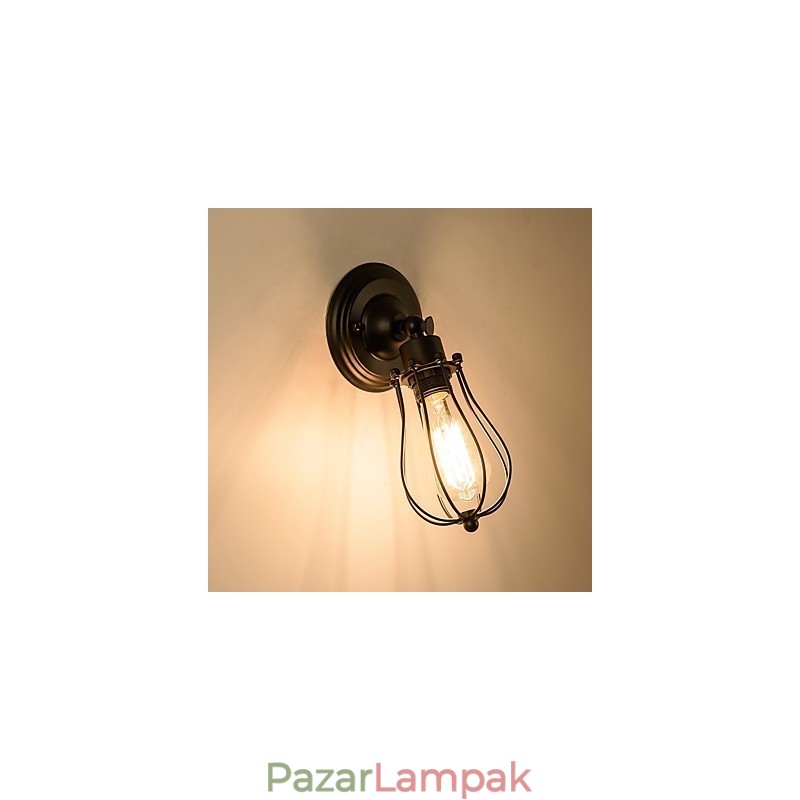 Vintage fali lámpa Ipari fali lámpa, fekete fémhuzal, ketrecbe zárt fali lámpa