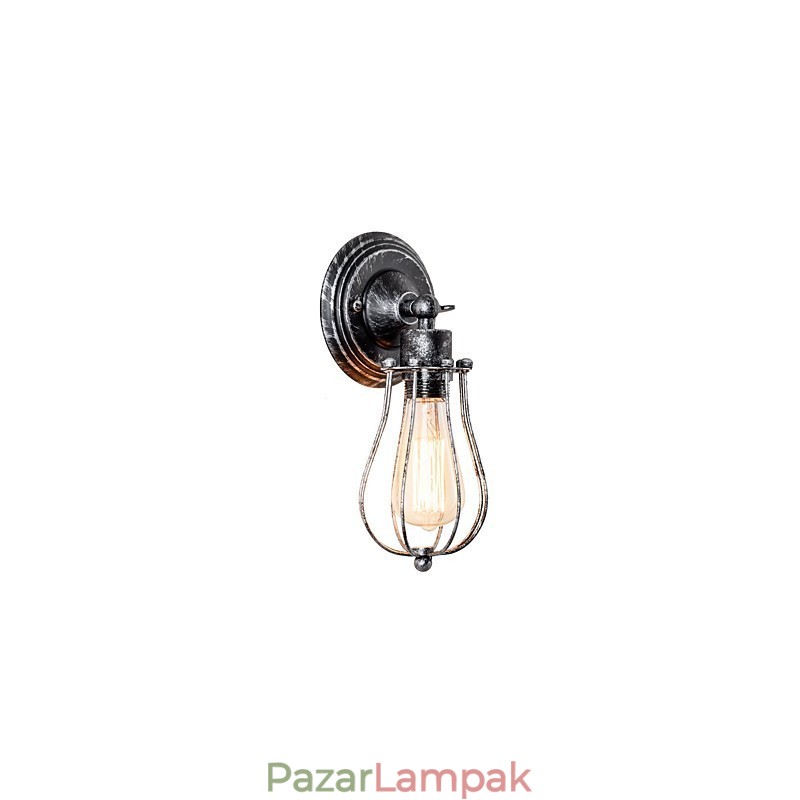 Vintage fali lámpa Ipari fali lámpa, fekete fémhuzal, ketrecbe zárt fali lámpa
