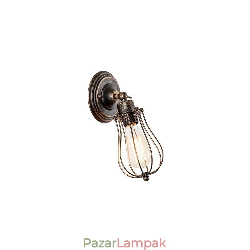 Vintage fali lámpa Ipari fali lámpa, fekete fémhuzal, ketrecbe zárt fali lámpa