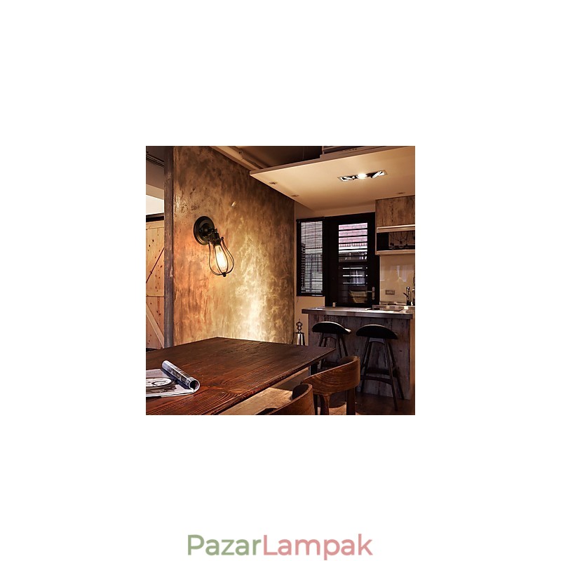 Vintage fali lámpa Ipari fali lámpa, fekete fémhuzal, ketrecbe zárt fali lámpa