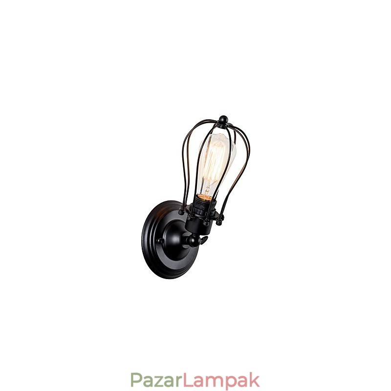 Vintage fali lámpa Ipari fali lámpa, fekete fémhuzal, ketrecbe zárt fali lámpa