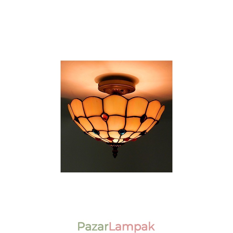 30 * 19 cm-es európai típusú, kovácsoltvas farok, féldóm, világos színű üveg ülőlámpa