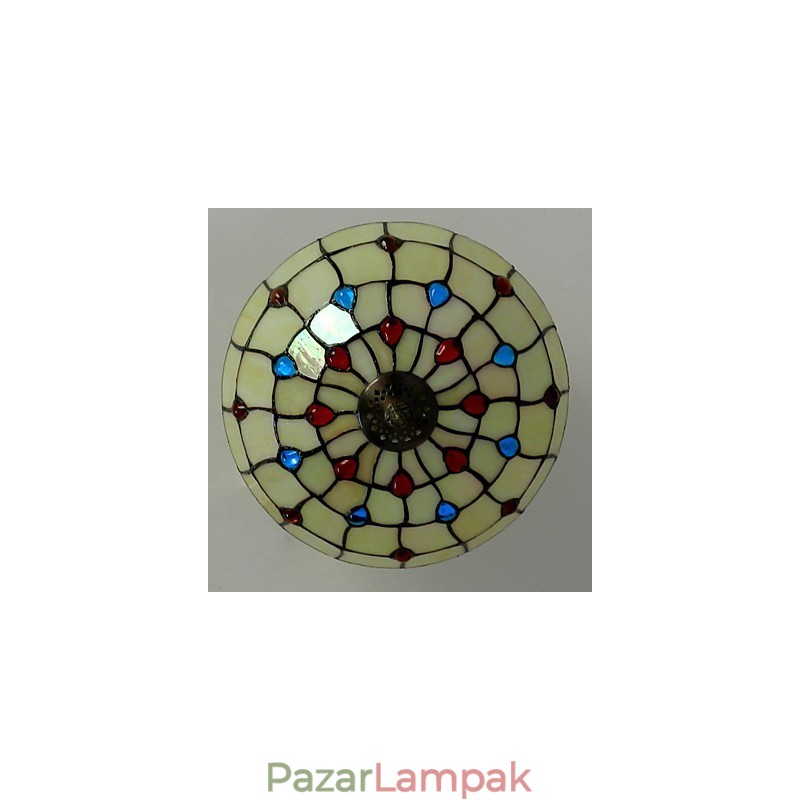 30 * 19 cm-es európai típusú, kovácsoltvas farok, féldóm, világos színű üveg ülőlámpa