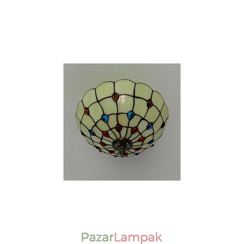 30 * 19 cm-es európai típusú, kovácsoltvas farok, féldóm, világos színű üveg ülőlámpa